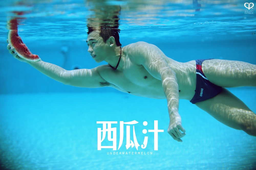 heartpatrick underwater male portrait watermelon conceptual